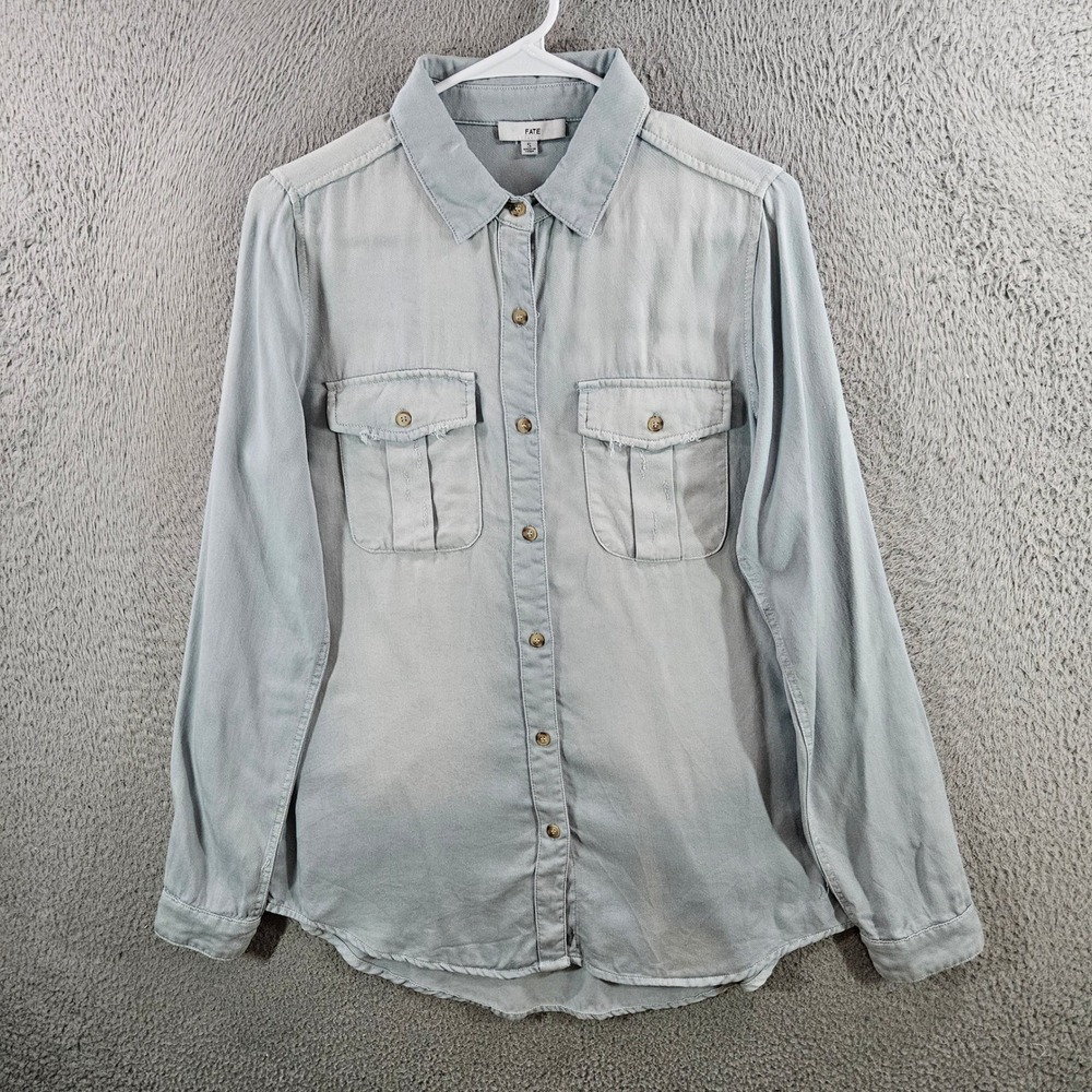 Fate Womens Light Blue Tencel Long Sleeve Button Down Utility Shirt Size S